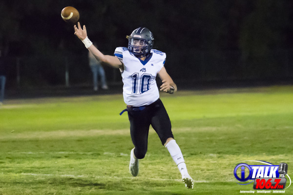 Snowflake Quarterback Caden Cantrell #10 Delivers a pass during their 22-21 Win At Blue Ridge High School on 10-16-2020