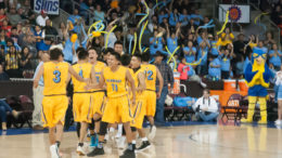 Alchesay Falcons Boys Basketball Team Celebrating a key Play During the 2018 2A State Tournament