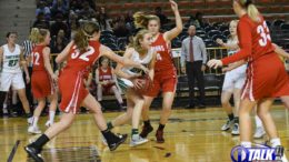 St Johns Redskins Pressures the Ball as the Thatcher Eagles try to bring the ball up the court during the 2020 Girls 2A State Basketball Semifinals.
