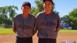 White Mountain Apache Pitcher Clyde Griggs and Catcher Luke Brooks Pose for picture before the start of their 2023 All-Star Game vs Silver Creek in Snowflake, AZ. - iTalk Photographer: Derrick Palmer